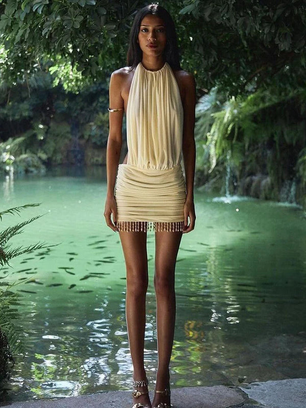 Celeste Pearl-Tassel Mesh Halter Mini Dress