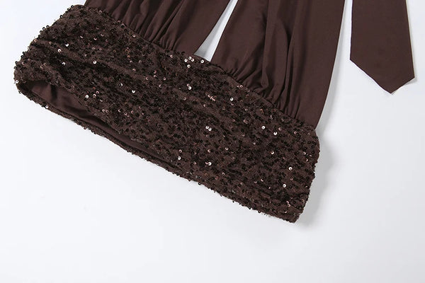 Kliou Shiny Sequin 2 Piece Set Women Bandage Halter Backless Tank Top+Ribbon Decoration Long Skirts Evening Party Elegant Suits