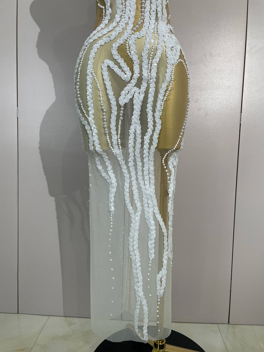 Opaline Pearl-Sequin Sheer Mesh Maxi Dress