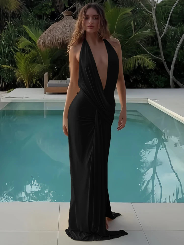 Annalisa Plunge Halter Ruched Backless High-Slit Maxi Dress
