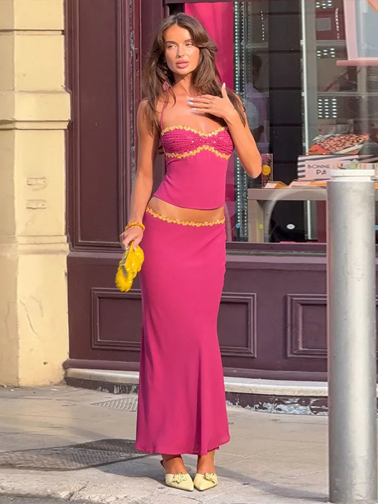 2 Piece Skirt Set Sequin Trim Halter Crop Top Maxi Skirt 2026 Spring Summer Y2K Night Out Clubwear Party Bodycon Co-ord Outfit Main image