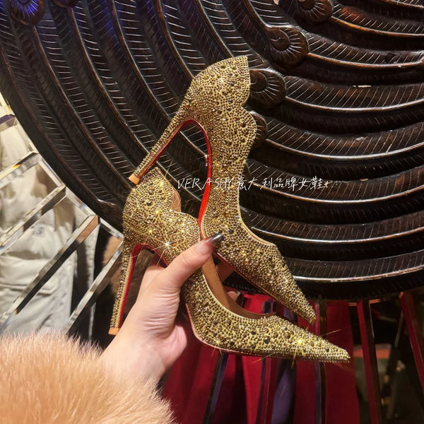 High Heels Women 2025 Spring New gold Sexy Pointy French Thin With Single Shoes Women Crystal Wedding Shoes Women Red Sole Shoe