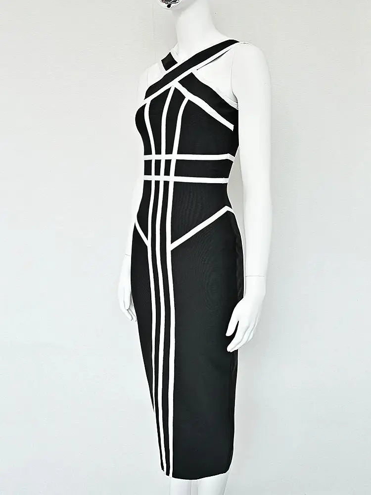 BEAUKEY Classic White And Black Stripes Bandage Long Evening Dress Luxury Contrast Vintage Woman Bodycon Elastic Dress Slim Midi