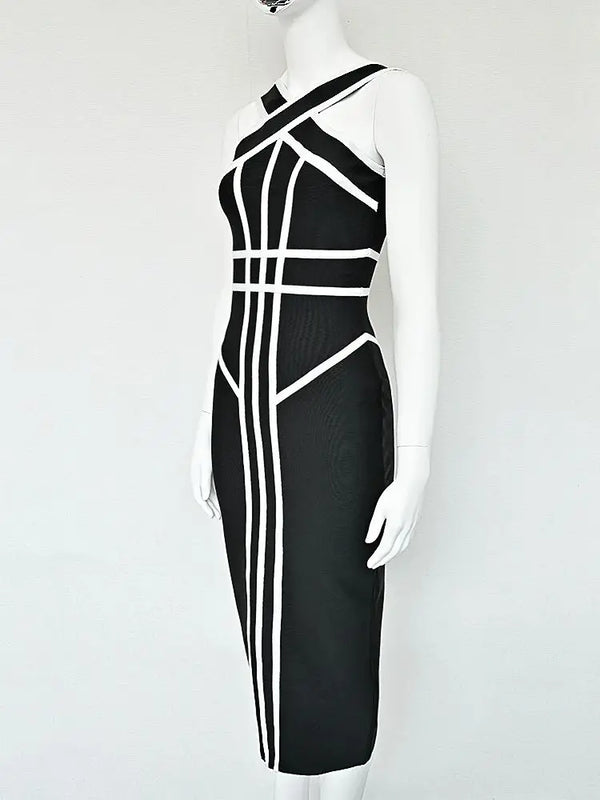 BEAUKEY Classic White And Black Stripes Bandage Long Evening Dress Luxury Contrast Vintage Woman Bodycon Elastic Dress Slim Midi
