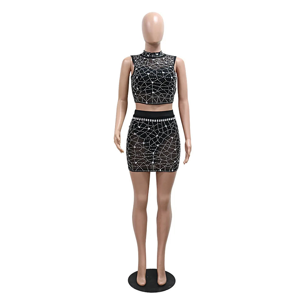 Noelle Rhinestone Mesh Crop Top & Mini Skirt Two-piece