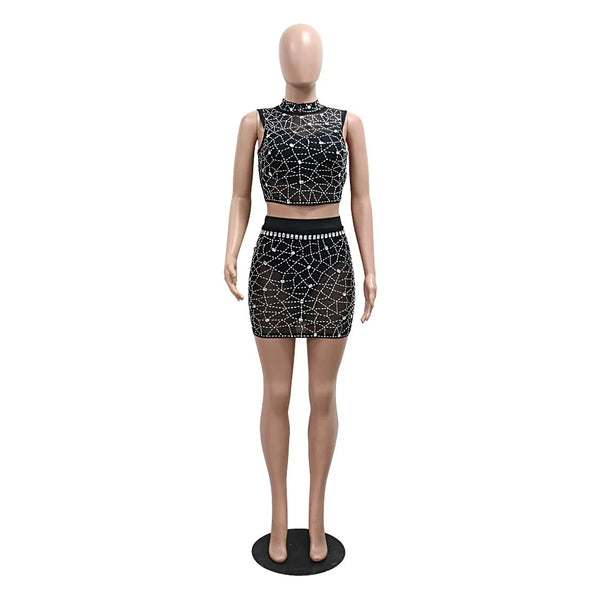 Noelle Rhinestone Mesh Crop Top & Mini Skirt Two-piece
