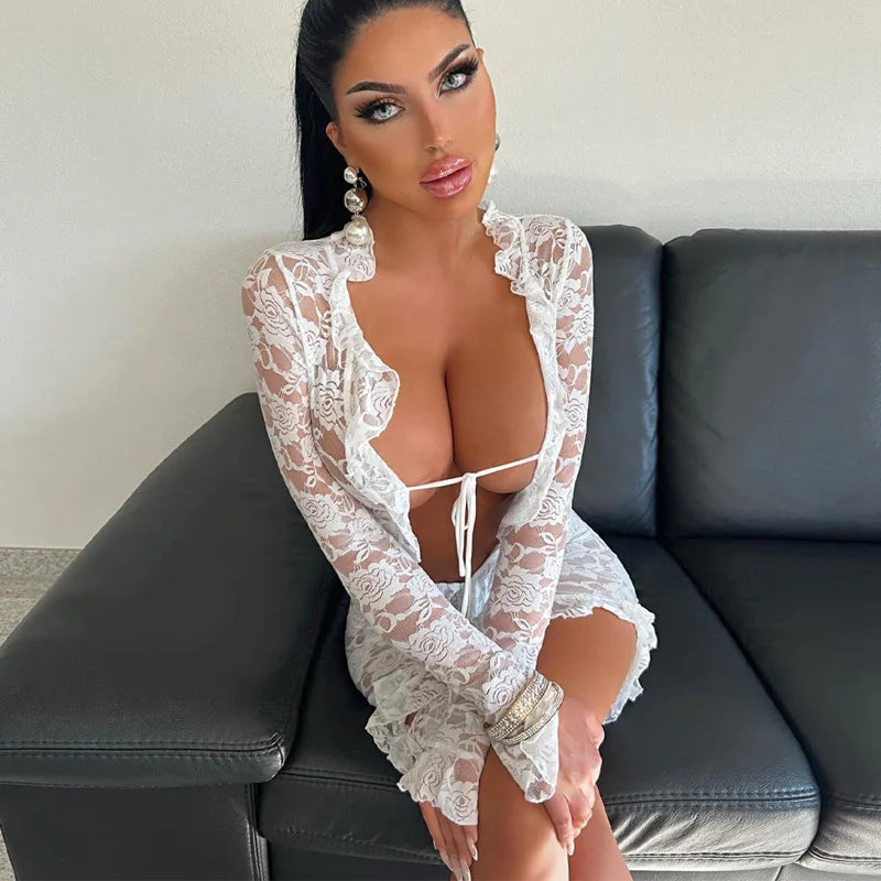 Angelique Sheer Lace Tie-Front Long-Sleeve Mini Dress