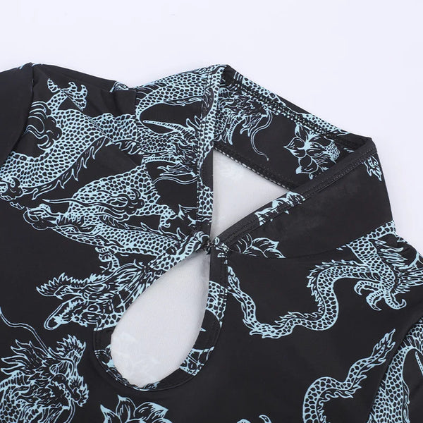 Xiaolan Dragon Print Keyhole Mandarin-Collar Qipao Bodycon Mini Dress