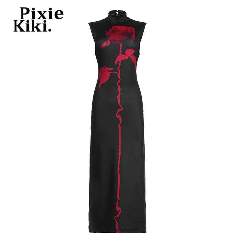 PixieKiki Rose Print Black Gothic Dress Dark Academia Sleeveless Backless High Split Long Dresses Woman Clothes P65-EE24