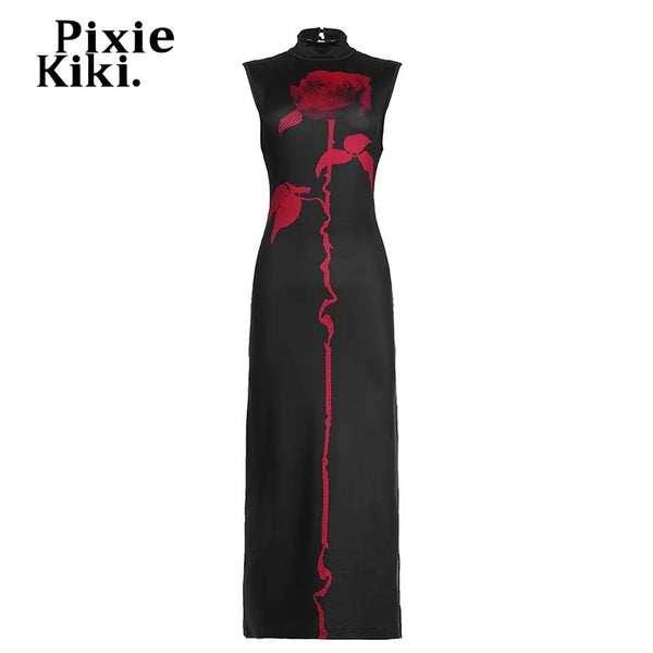 PixieKiki Rose Print Black Gothic Dress Dark Academia Sleeveless Backless High Split Long Dresses Woman Clothes P65-EE24