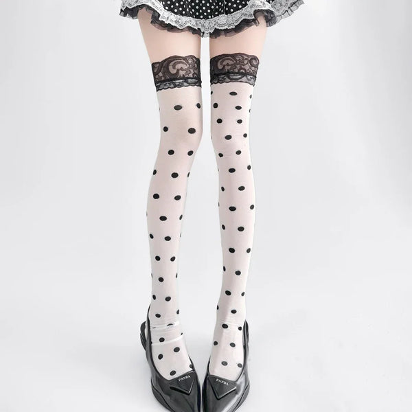 Colette Polka-Dot Lace-Trim Thigh-High Stockings