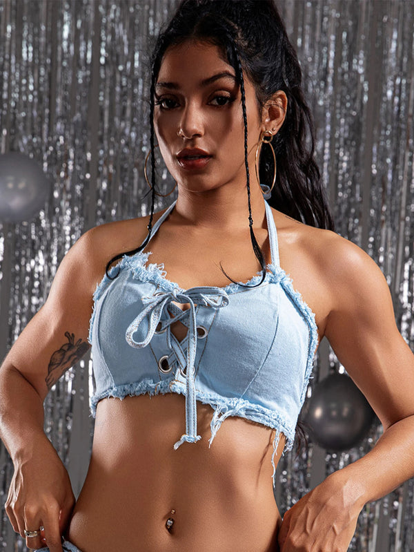 Sexy halter denim bodysuit women clothing summer body beach bikini sets bodysuits club romper mini booty shorts jeans jumpsuits