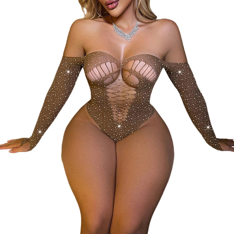 Champagne Temptation Rhinestone fishnet Bodysuit Lingerie
