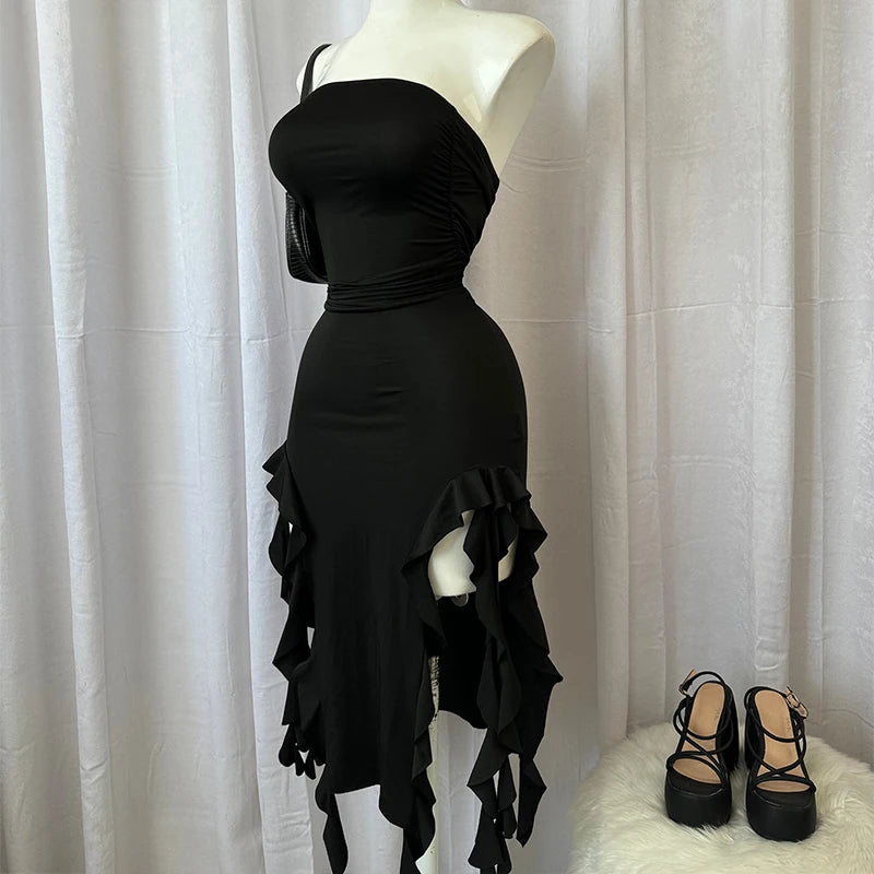 Luna Asymmetric Ruffle Slit Maxi Dress One-piece