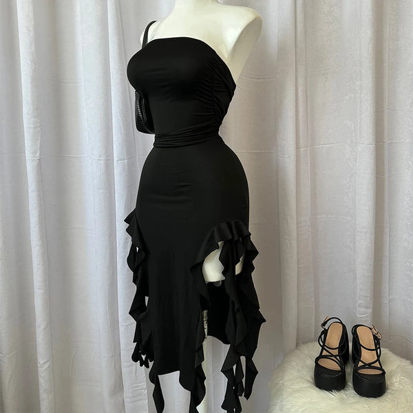 Luna Asymmetric Ruffle Slit Maxi Dress One-piece
