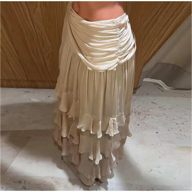 Leokadia Layered Ruffle Tiered Tie-Waist Side-Slit Maxi Skirt One-piece