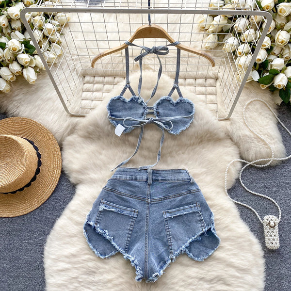 Sable Halter Denim Top & Shorts Two-piece