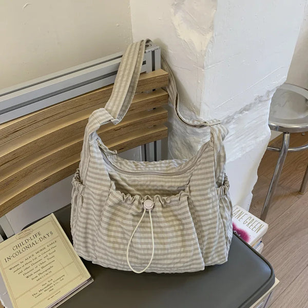 Korean Nylon Shoulder Bags Fashion Simple Plaid Zipper Tote Drawstring Pleated Cloud Bags New Commuter Crossbody Shoulder Bag