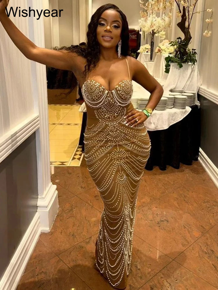 New Luxury Sparkly Crystal Rhinestone Pearl Celebrities Gown Brown Dress Woman Strap Evening Party Birthday Prom Wedding Vestido Main image