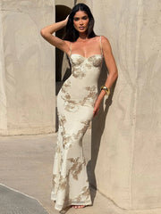 Isabella Spaghetti Strap Floral Embroidered Bodycon Maxi Dress