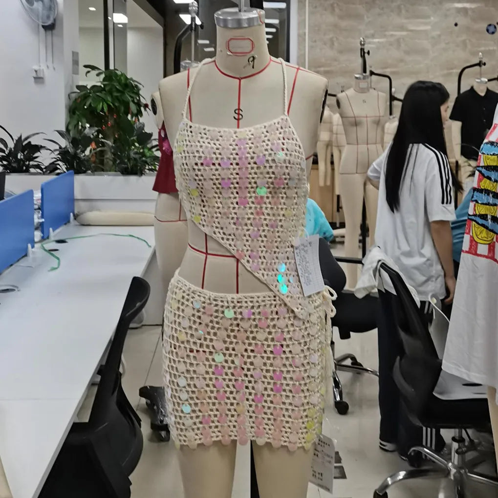 Ivy Crochet Asymmetric Halter Top Bodycon Skirt Set
