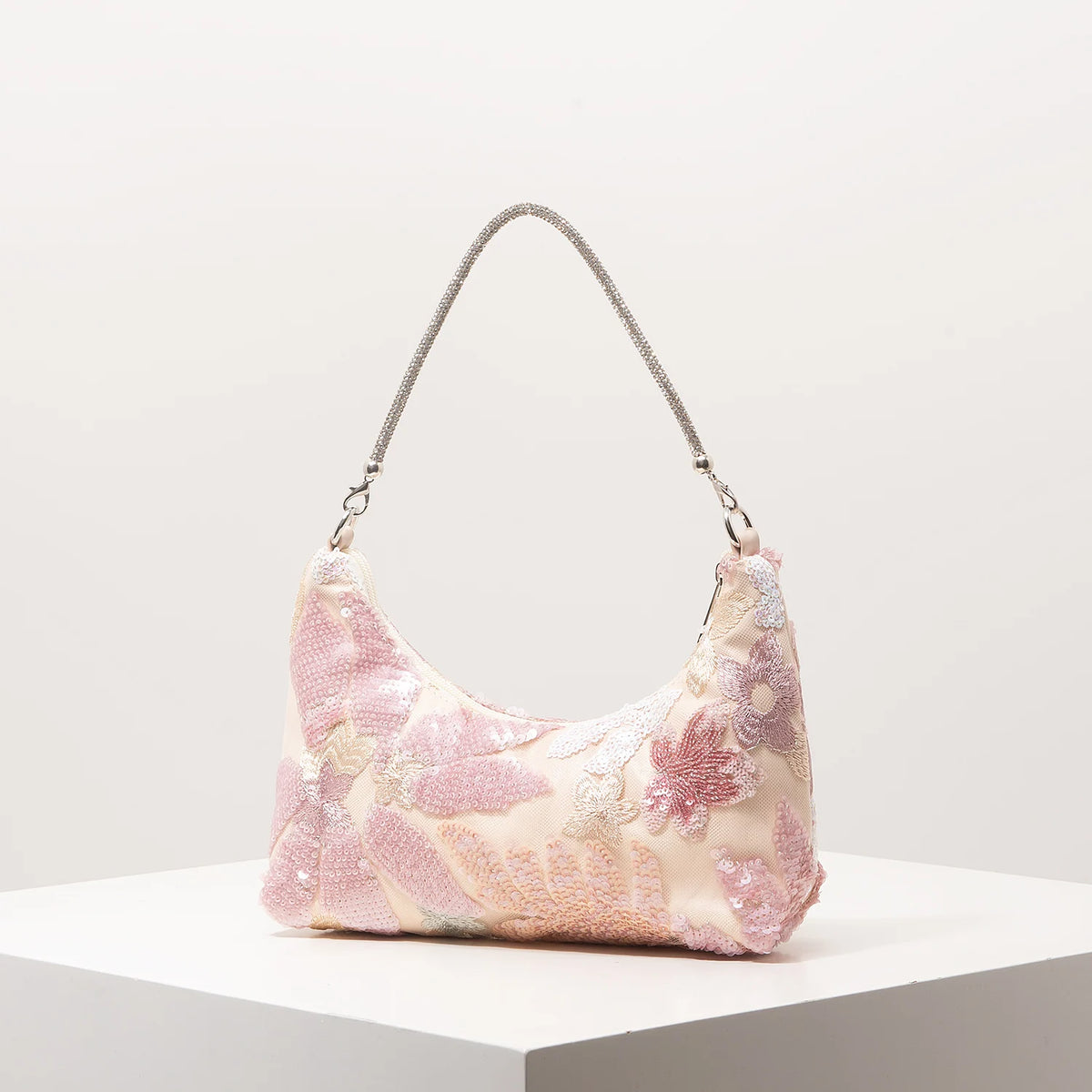 Florentina Floral Sequin Embroidered Half-Moon Shoulder Bag
