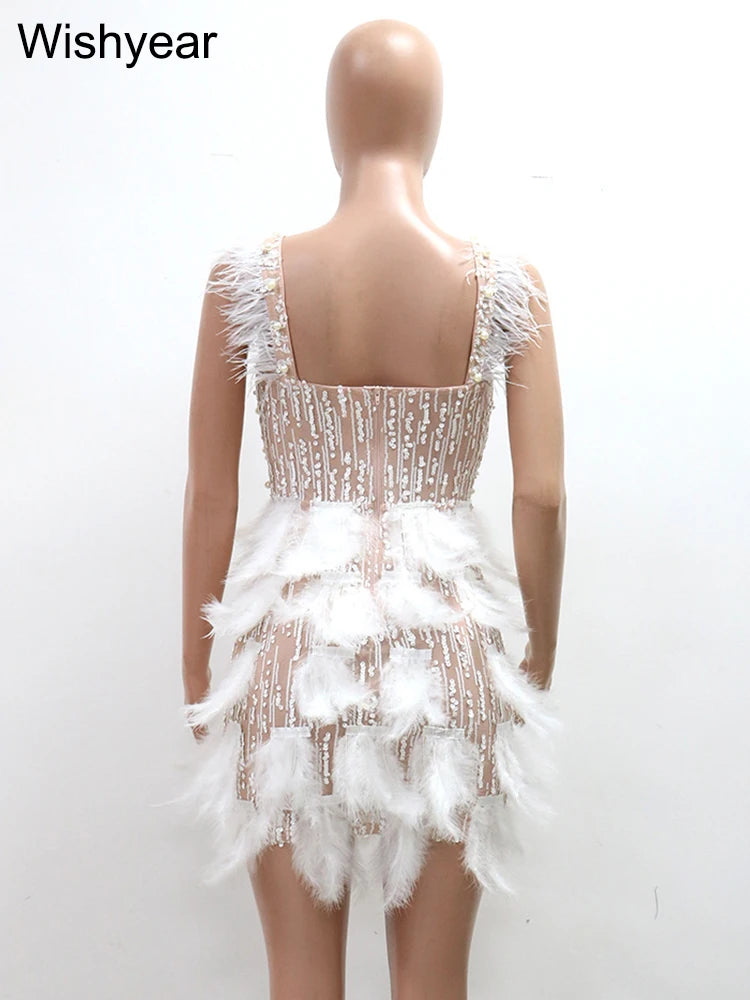 Leonora Pearl Feather-Strap Bodycon Midi Dress