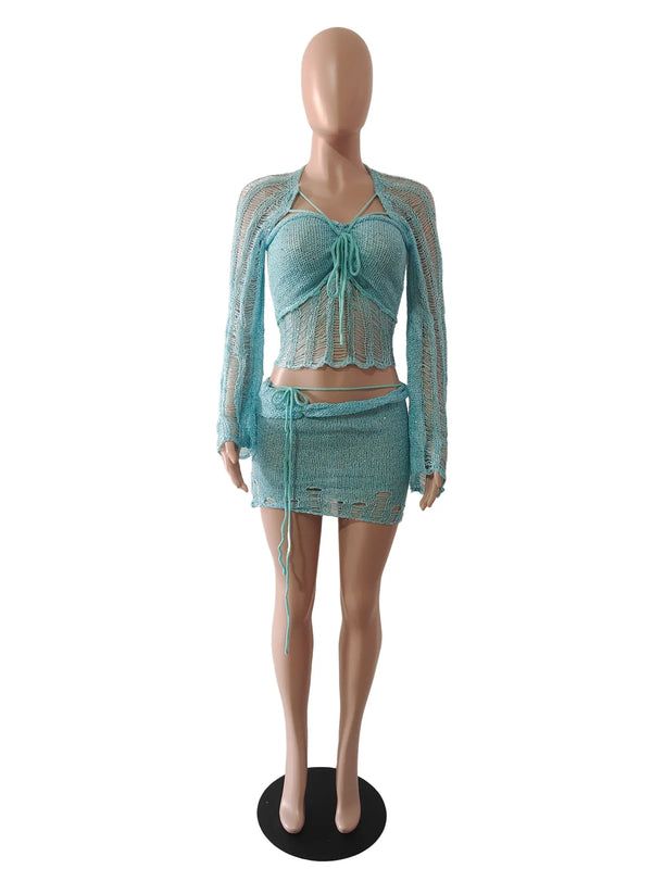 Marisela Sequin Crochet Knit Tie-Front Crop Top & Mini Skirt Two-piece