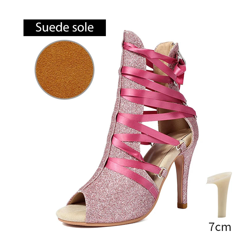 DKZSYIM Women Dance Boots Girls Ladies Jazz Dancing Shoes Thin Heels Glitter Shining Latin Indoor Party Dance Shoes Personalized