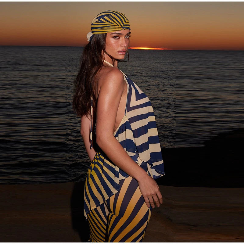Marisela Retro Geometric Stripe Halter Backless Top & Flare Pants Two-piece