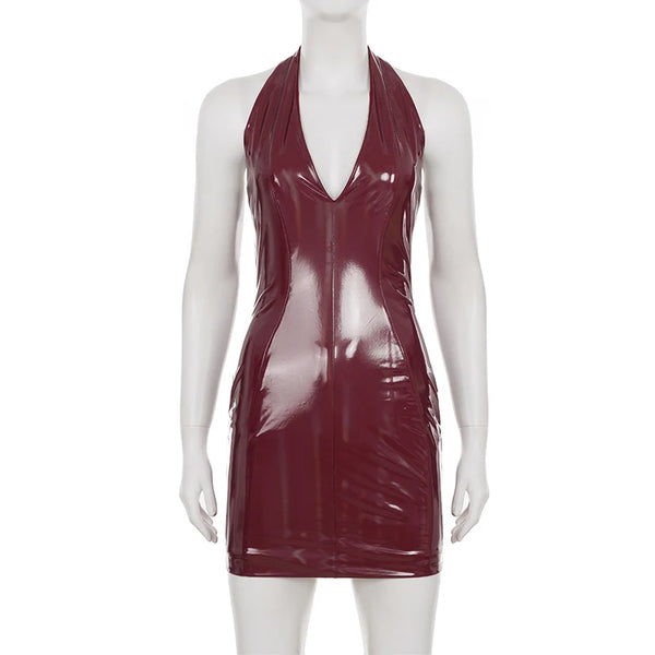 Evangeline Red PU Leather Deep-V Mini Dress