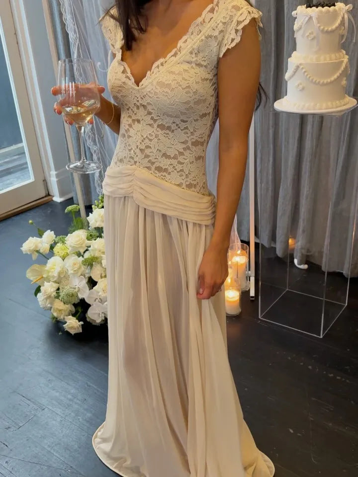 Orsola Lace-Bodice Sheer Mesh Pleated Maxi Dress