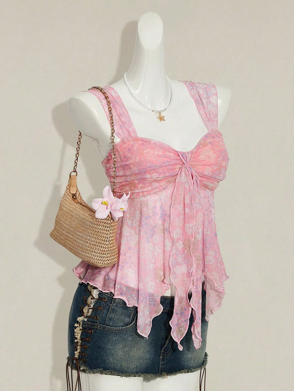 Poppy V-Neck Bow Sheer Camisole Crop Top One-piece
