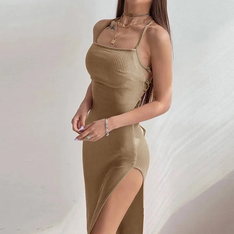 Aria Noir Side-Lace Ribbed Maxi Dress