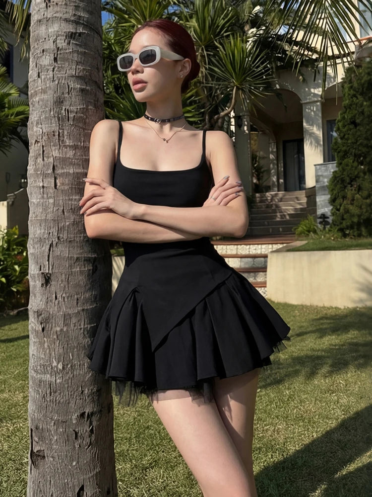 Delia Black Mesh Puff-Hem Square-Neck Mini Dress Main image