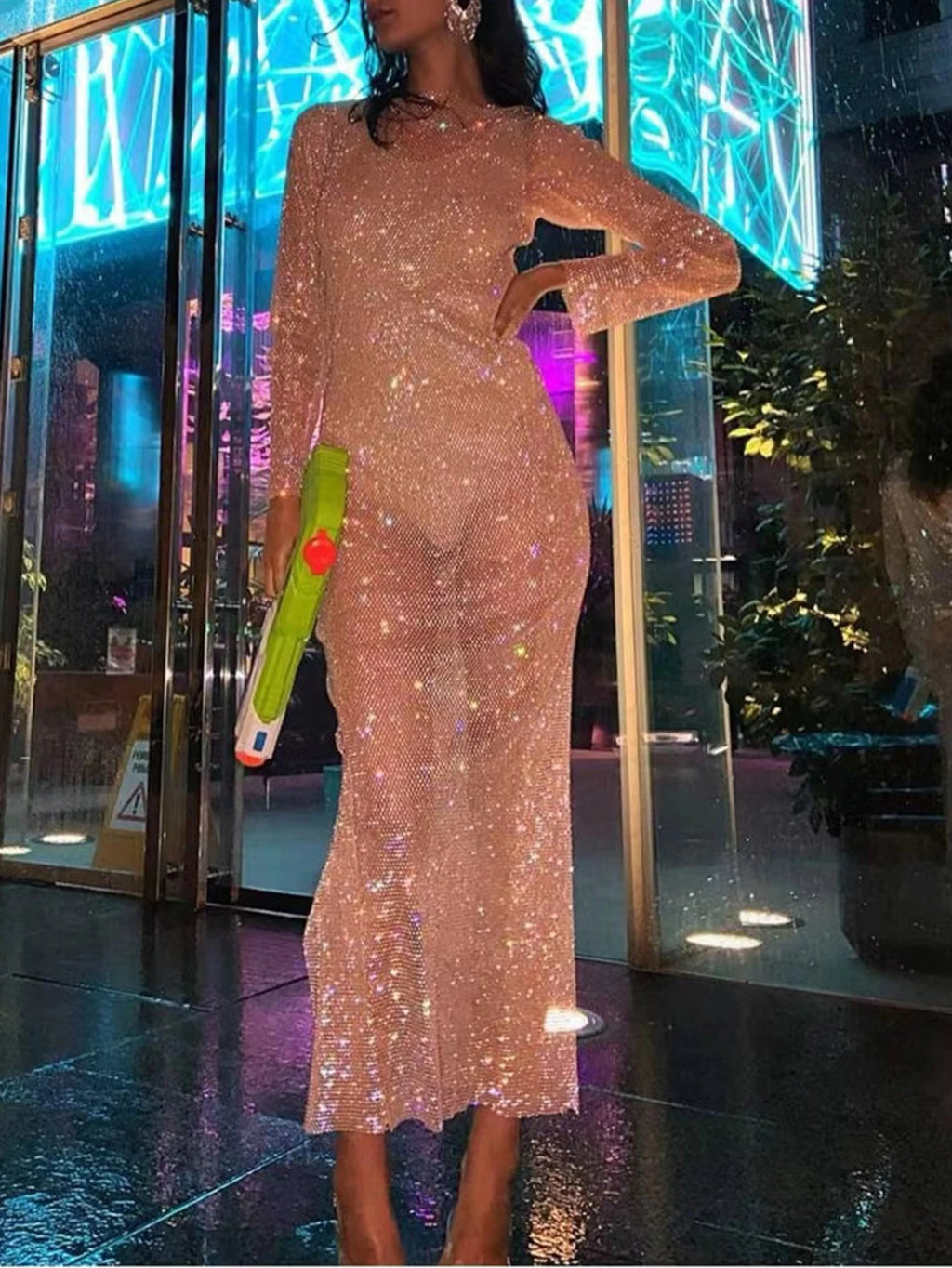 Petra Rhinestone Fishnet Sheer Maxi Dress