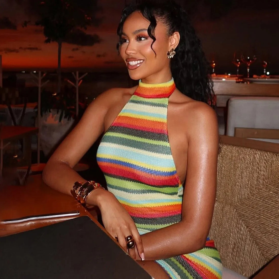 Solenne Striped Knit Halter Bodycon Mini Dress