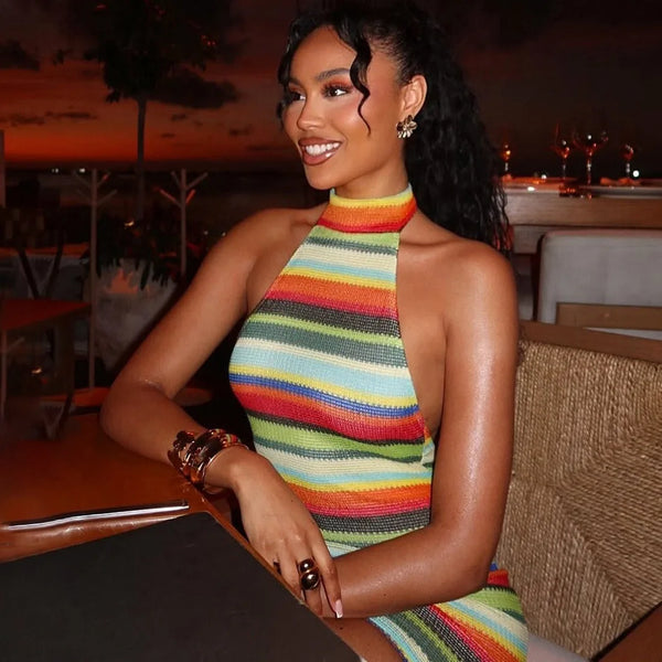 Solenne Striped Knit Halter Bodycon Mini Dress