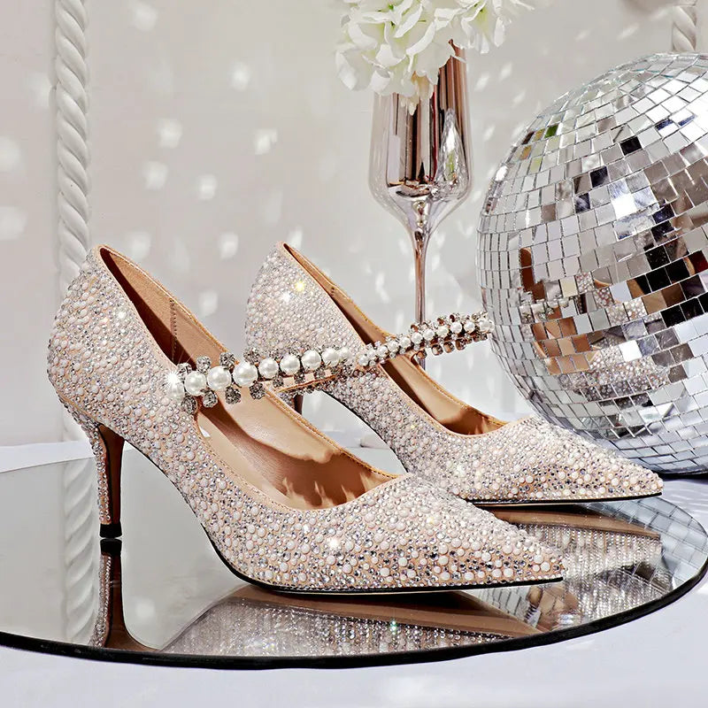 Hot Rhinestone Pointed High Heels New Single Shoes Women's Pumps Bridesmaid Rhinestone Crystal Pearl Retro Wedding Shoes