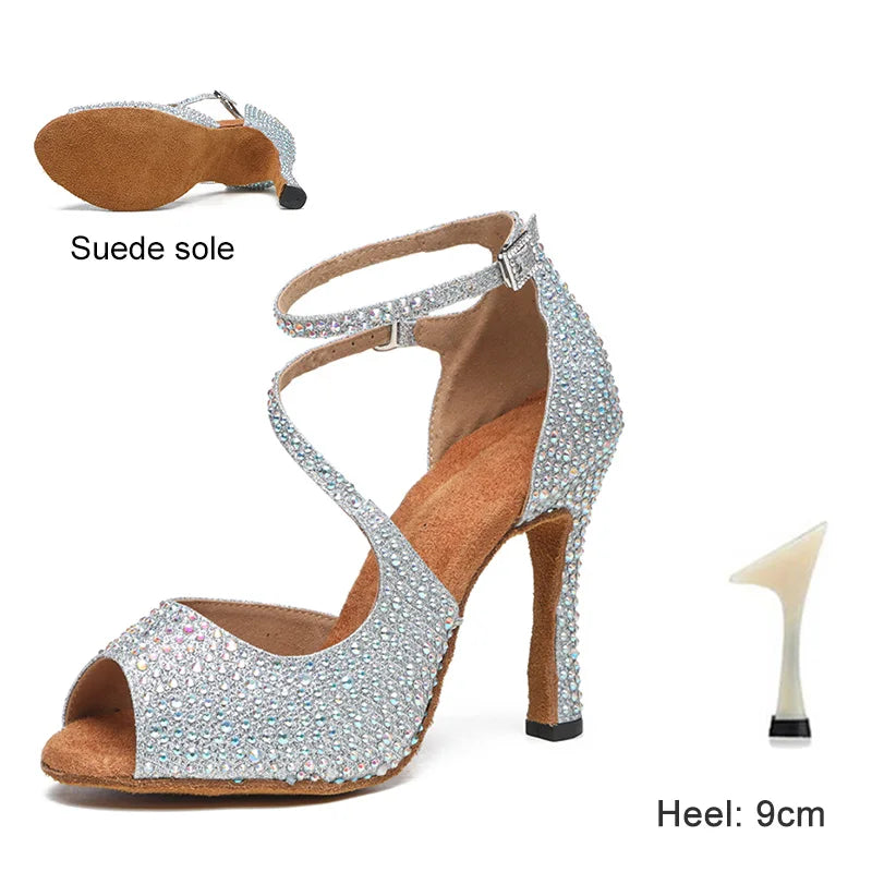 DKZSYIM Latin Dance Shoes For Women Ballroom Tango Rhinestones Dancing Shoes High Heels Black/Silver/Gold Women's Wedding Shoes