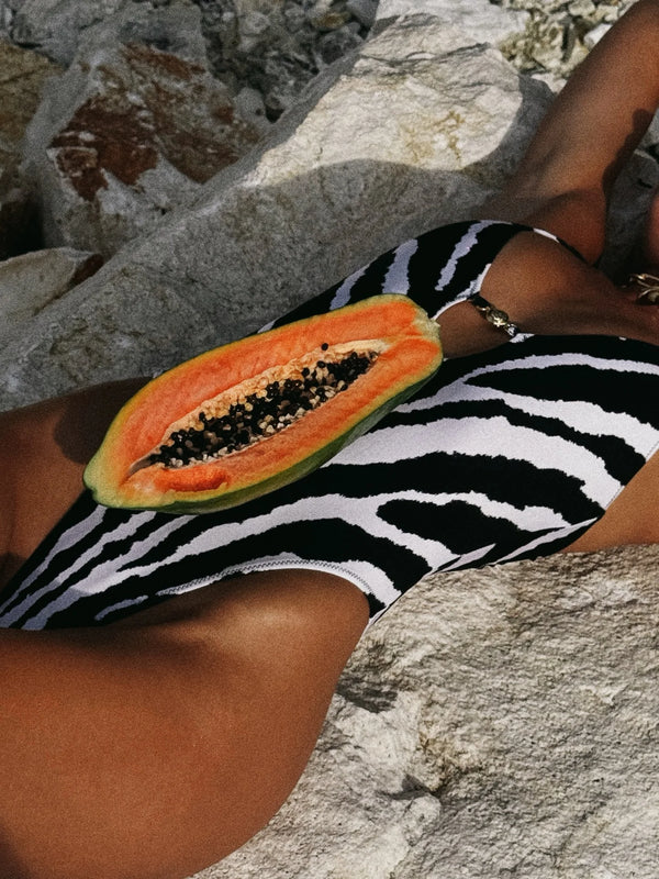 Rosmerta Zebra Print Deep-V Plunge One-Piece Swimsuit