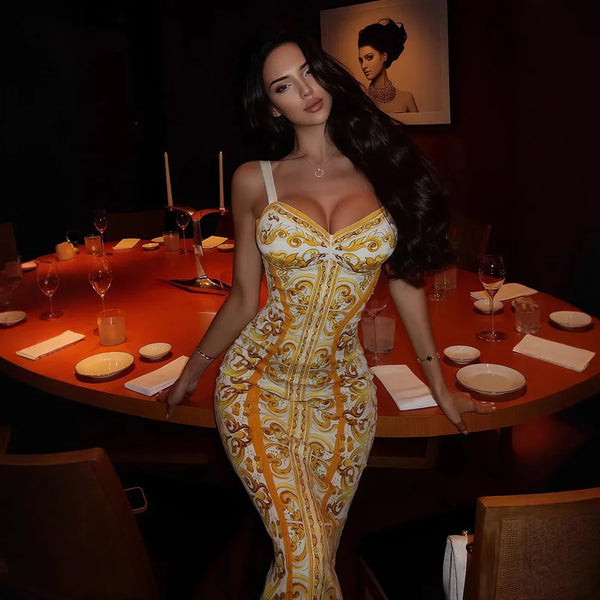 Valencia Baroque-Print Bodycon Midi Dress