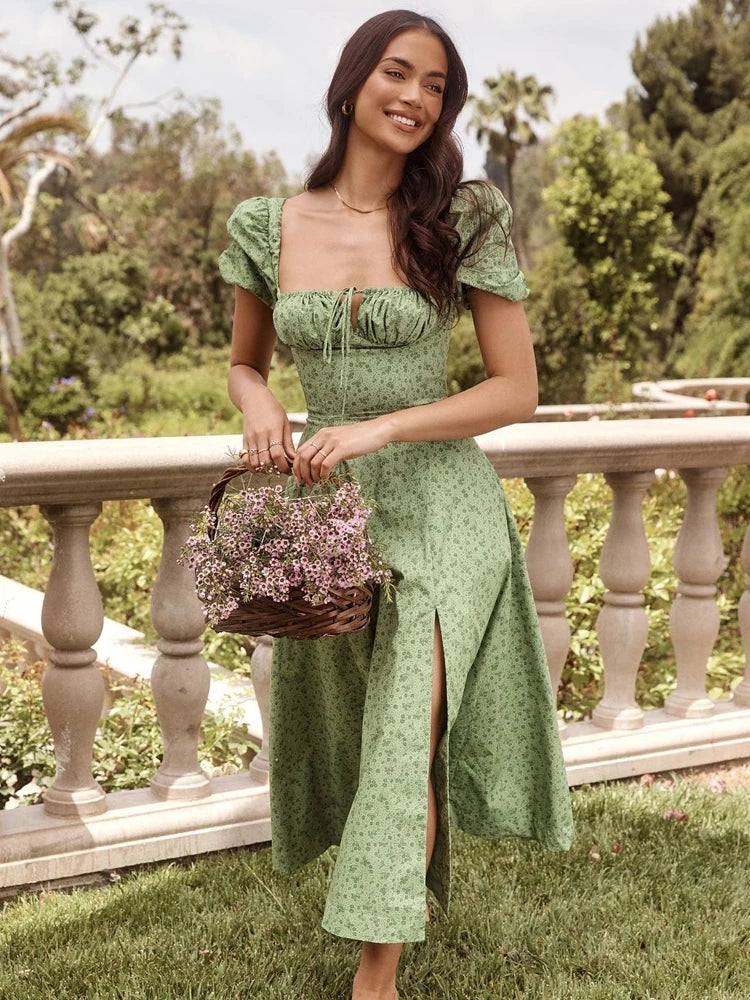 Annabeth Floral Square-Neck Puff-Sleeve Side-Split Maxi Dress