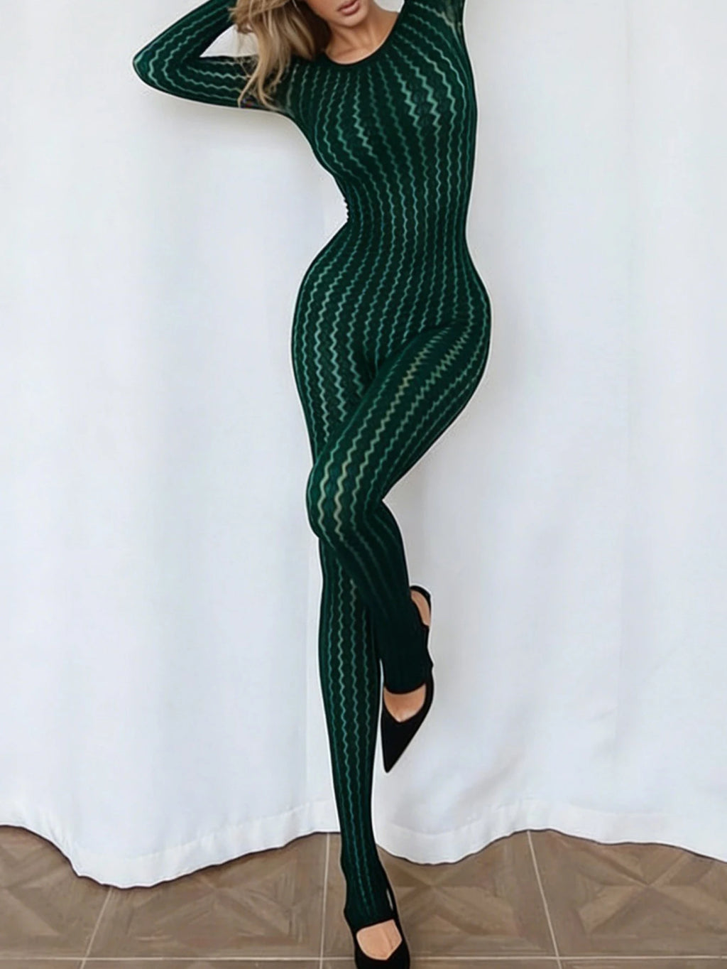 Veda Sheer Long-Sleeve Bodycon Jumpsuit One-piece