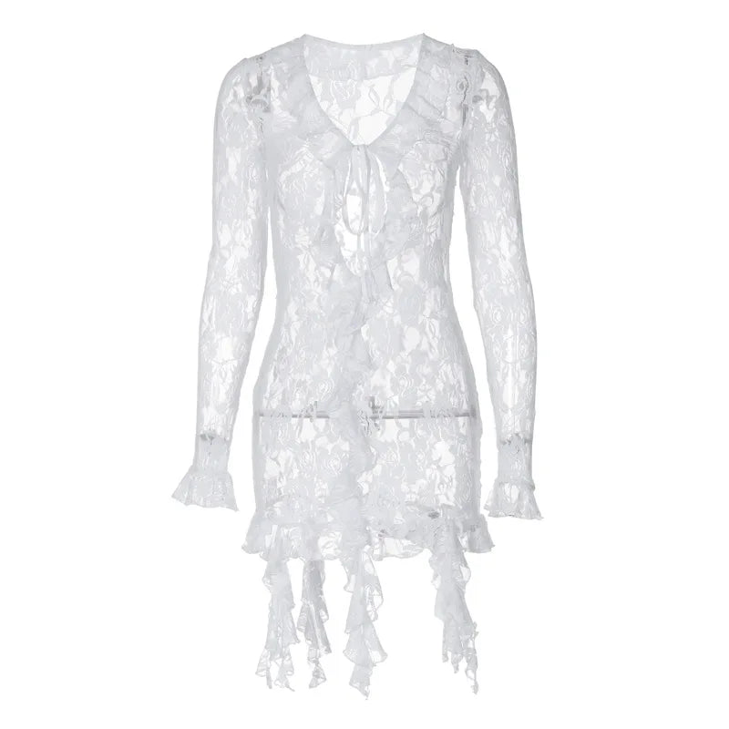 Angelique Sheer Lace Tie-Front Long-Sleeve Mini Dress