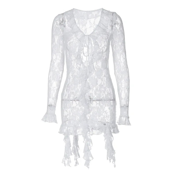 Angelique Sheer Lace Tie-Front Long-Sleeve Mini Dress