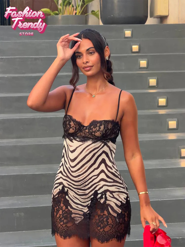 Sexy Zebra Print Lace Trim Dress Women Chic V-neck Spaghetti Strap Irregular Hem Slip Slim Short Dresses 2026 Lady Party Wear