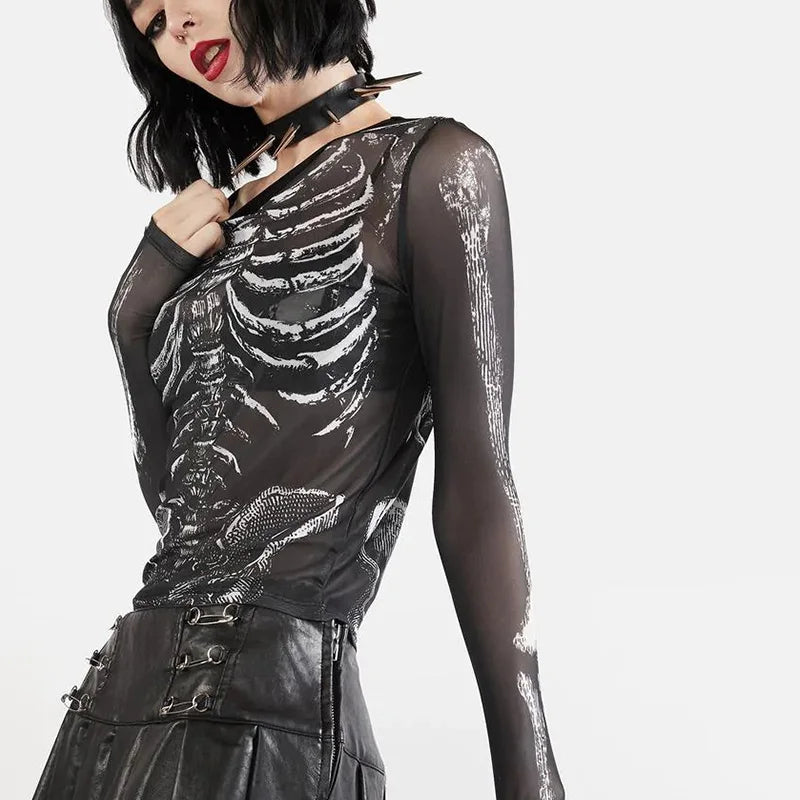 Morticia Skeleton Print Sheer Mesh Long-Sleeve Top One-piece