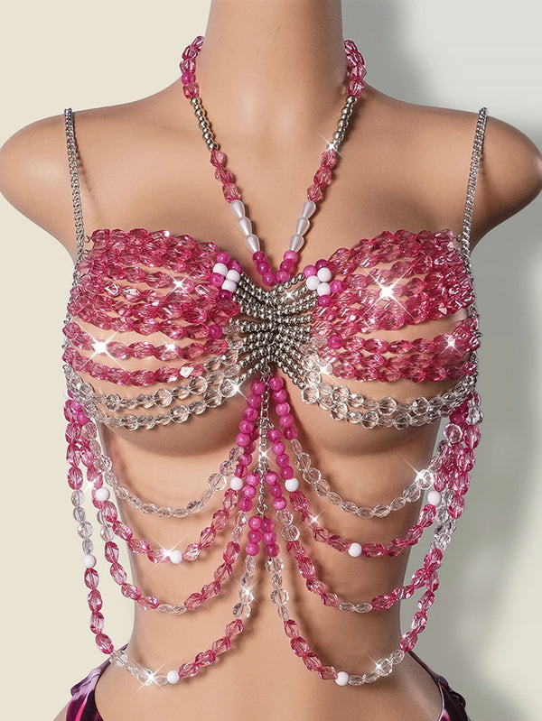 Sexy pink corset halter tank top women summer beach club party tops woman 2026 y2k clothes see through metal rhinestone crop top