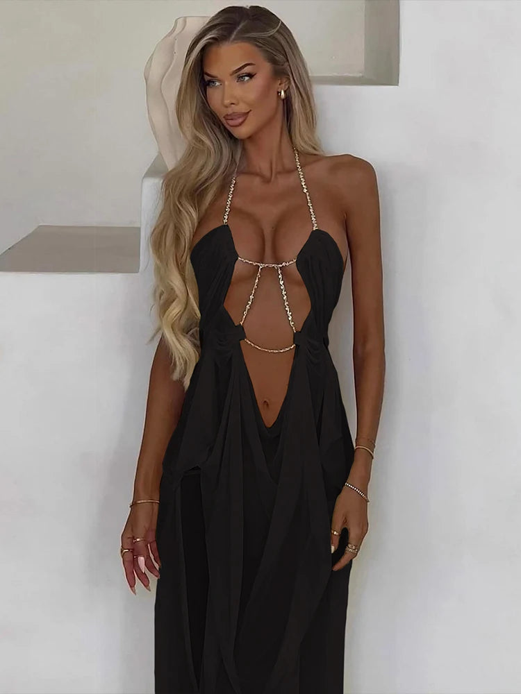 Kira Chain-Halter Mesh Maxi Dress